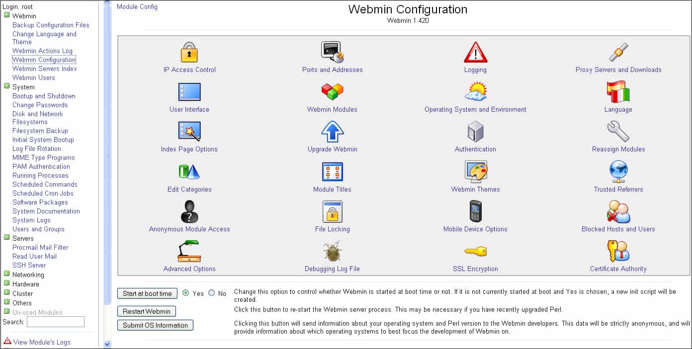 Screenshot of Webmin, a popular free & open source alternative to cPanel