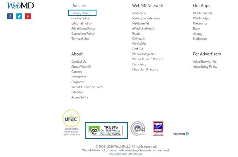 WebMD website footer example