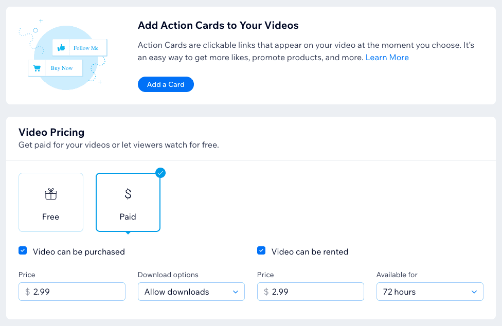 options de vidéo wix comme les cartes d'action et les vidéos payantes