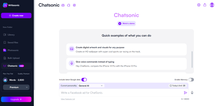 ChatSonic input page