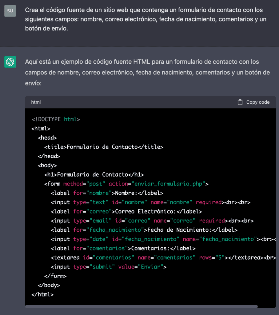 codigo fuente formulario de contacto chat gpt