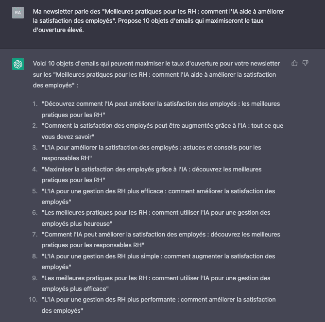 objets d'email pour ma newsletter générés par chat GPT