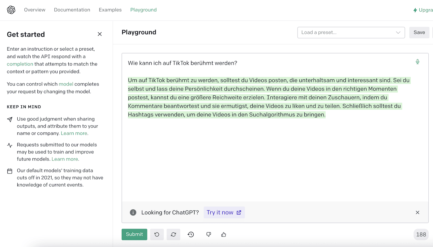 openai playground beispieltext tiktok