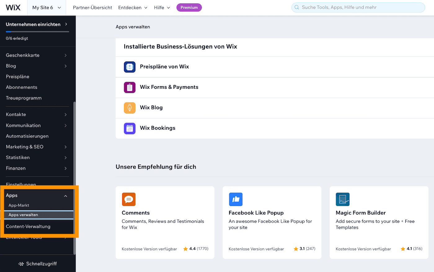 wix apps verwalten