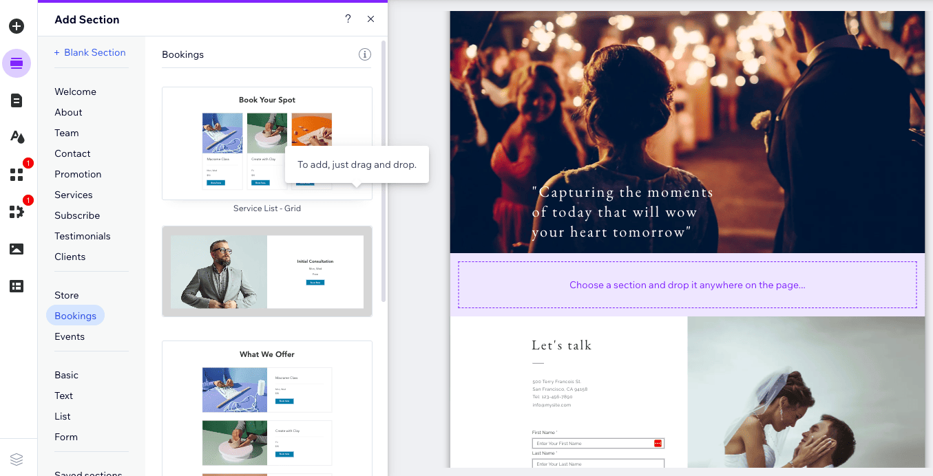 drag and drop wix bookings