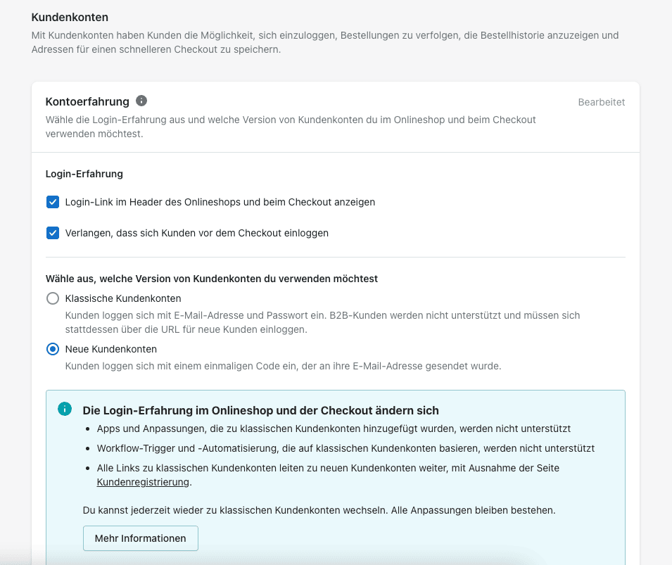 shopify kundenkonten checkout optionen