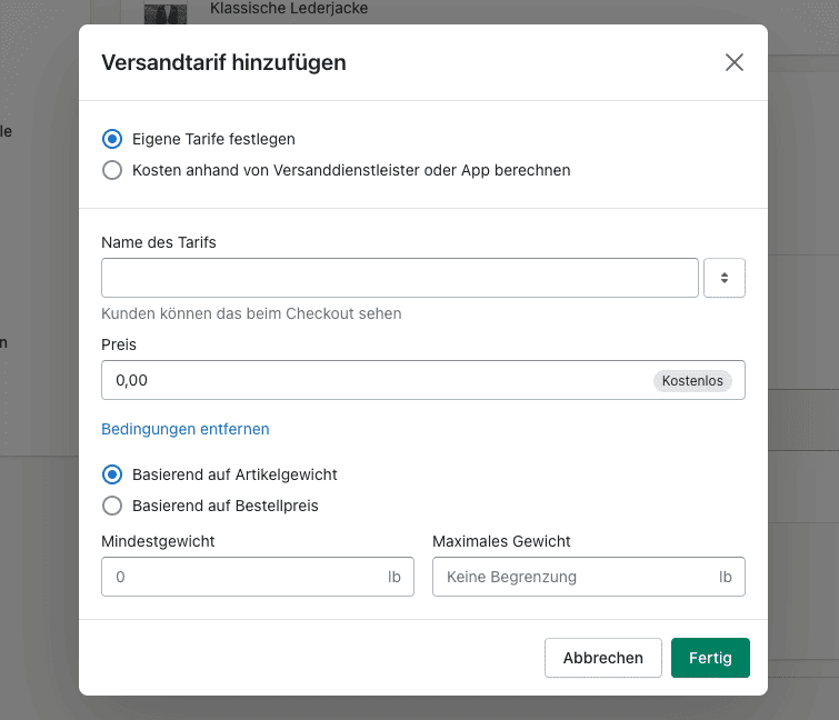 shopify versand artikelgewicht oder bestellpreis
