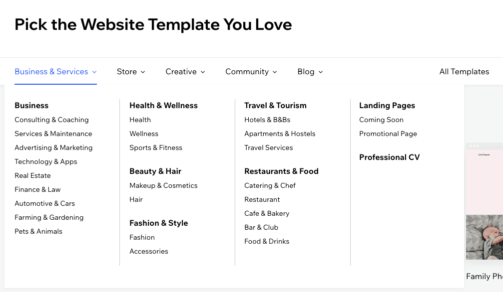 wix template categories