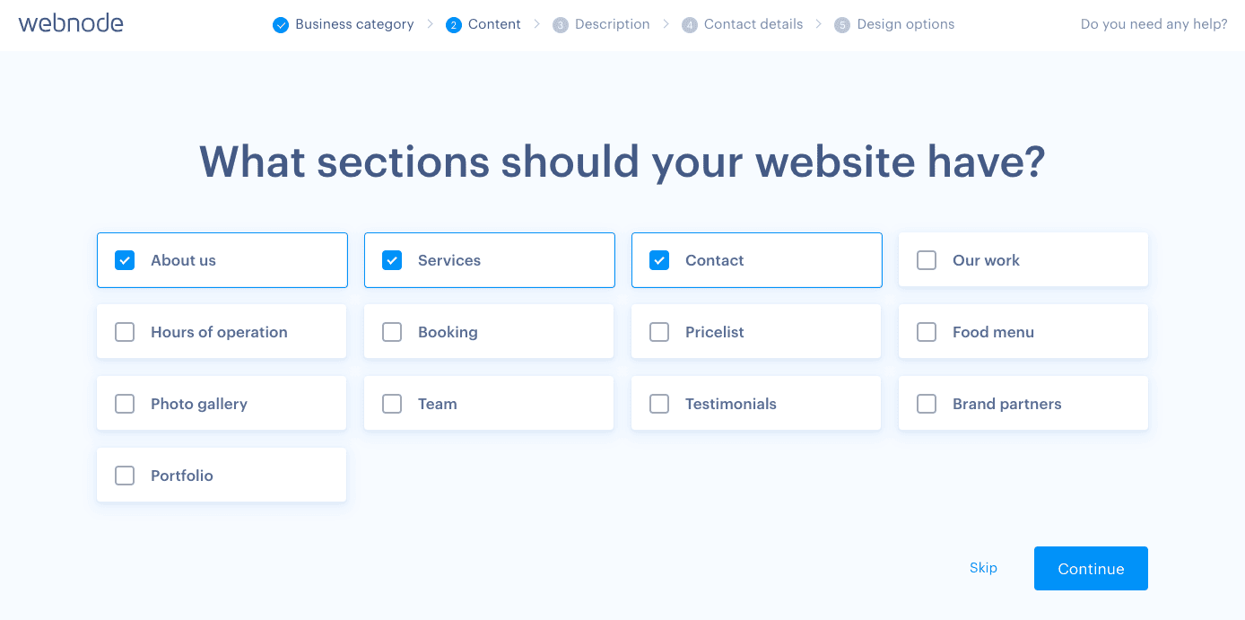 webnode ai sections