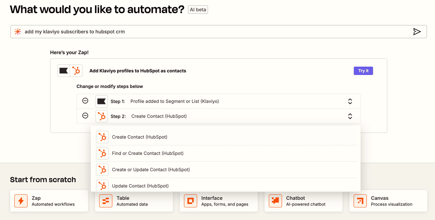 AI automation builder in Zapier