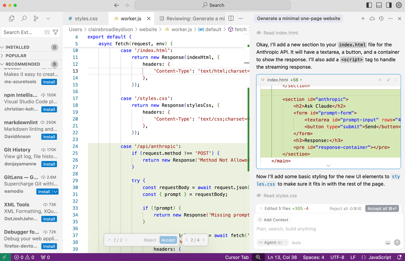 Editing code with AI in Cursor
