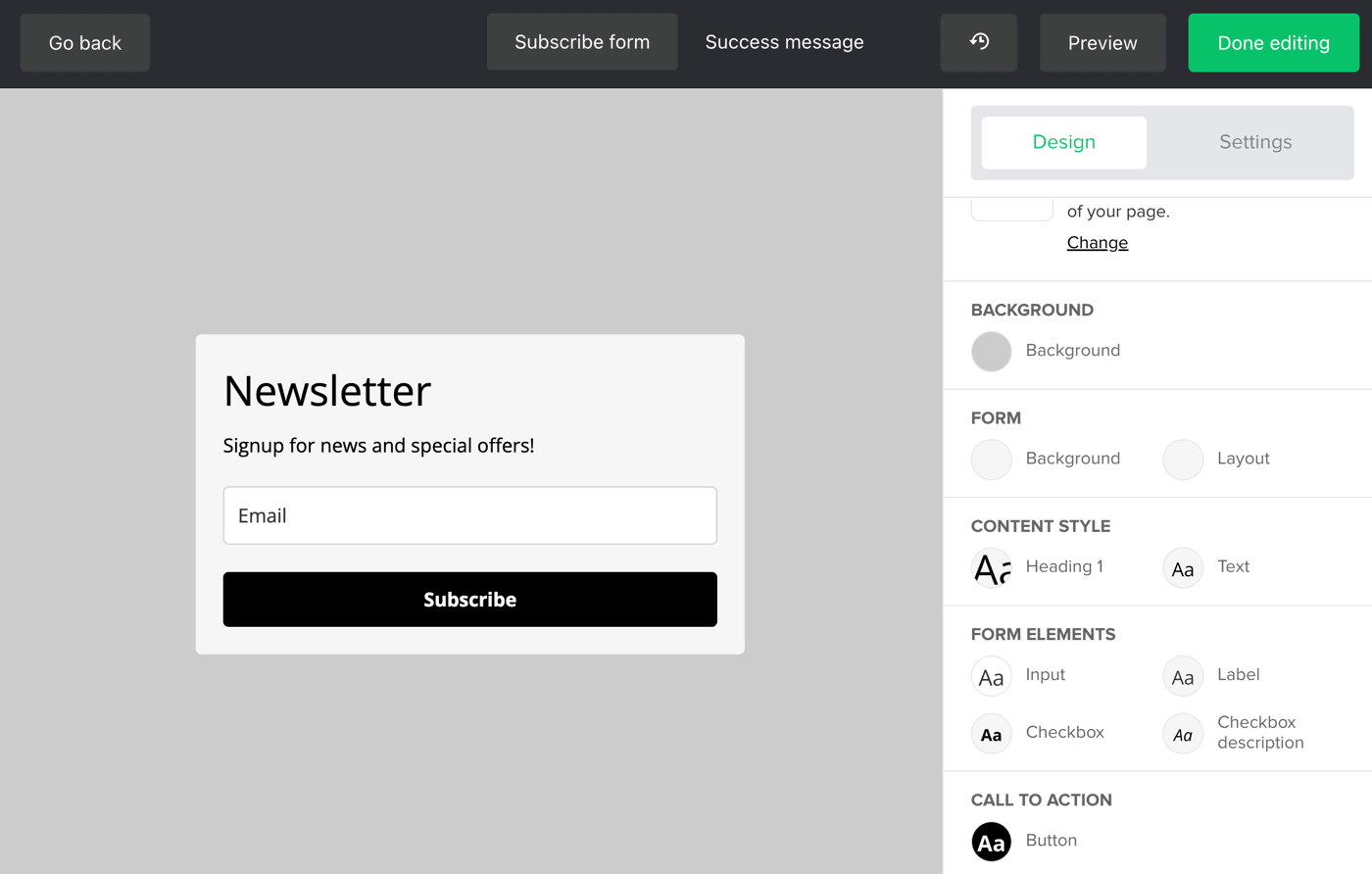 MailerLite registration form editor