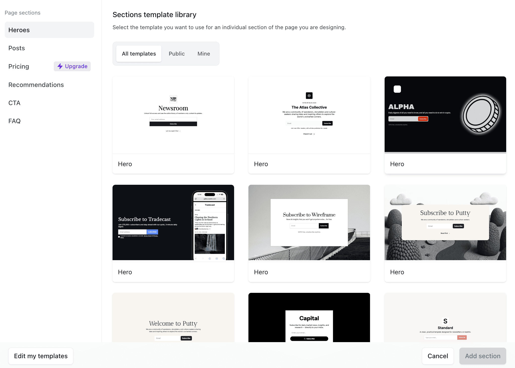 beehiiv website sections