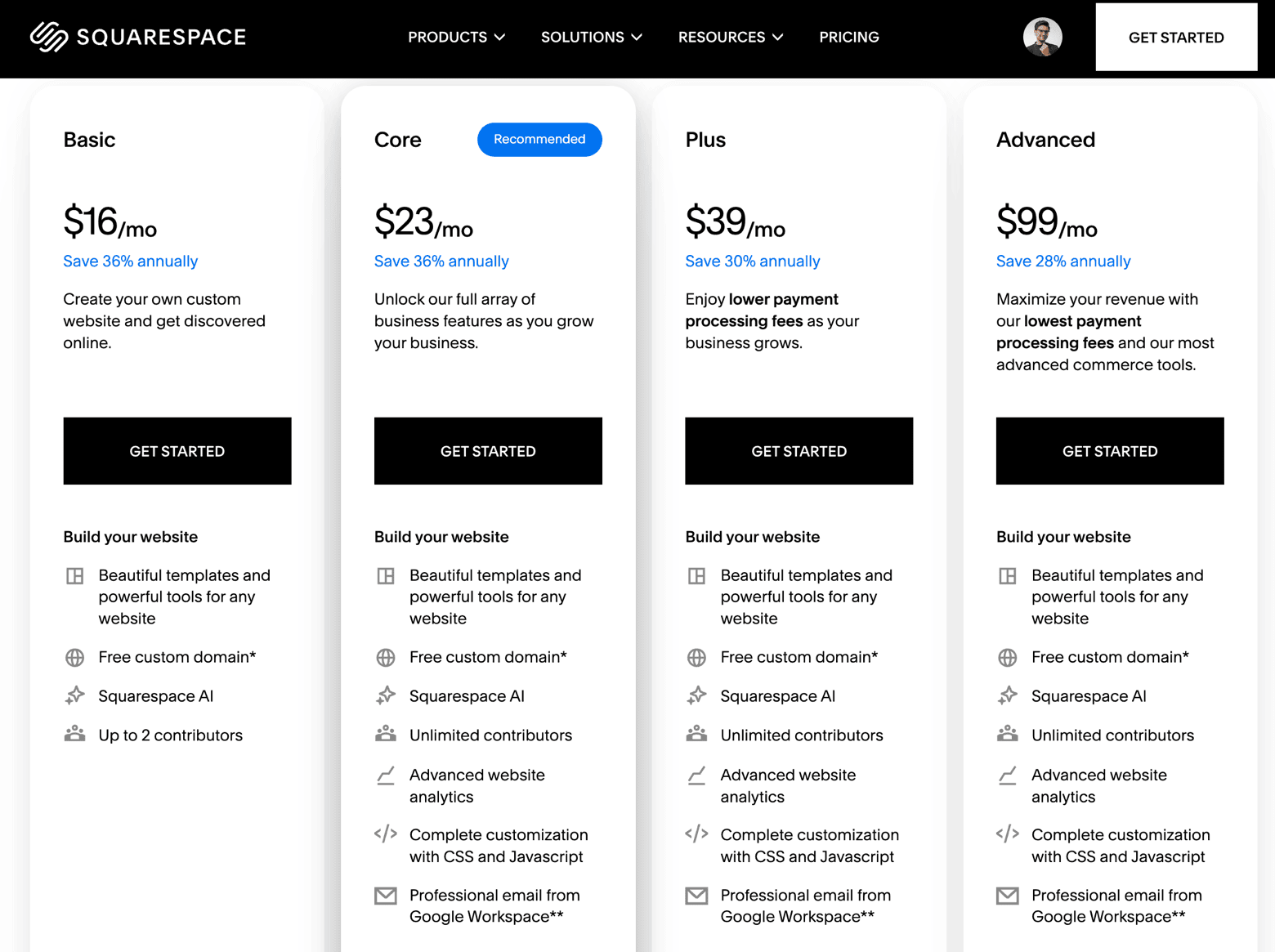 squarespace pricing